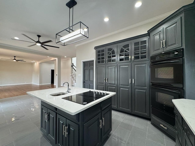 411 Westridge Rd, Joliet, IL 60431 - kitchen featuring black appliances, ceiling fan, ornamental molding, a center island with sink, and open floor plan