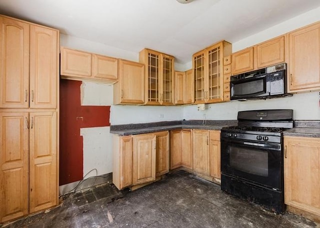 22118 E Churchill Dr, Richton Park, IL 60471 - kitchen with black appliances, glass insert cabinets, light brown cabinets, and dark countertops