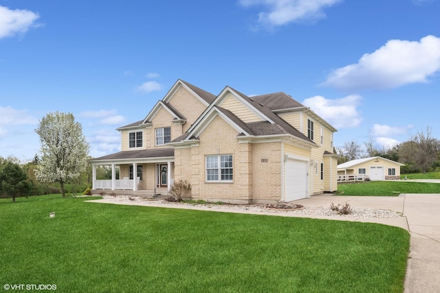 7271 Orchard Valley Dr, Bull Valley, IL 60050 - view of front facade with covered porch, driveway, a front lawn, brick siding, and an attached garage