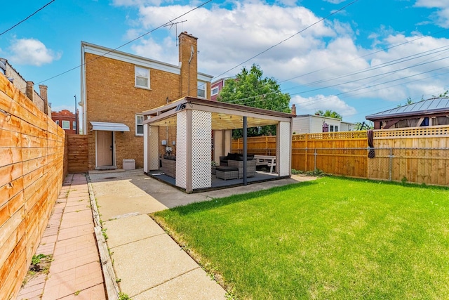 2418 S 58th Ave, Cicero, IL 60804 - back of property with a fenced backyard, a patio area, brick siding, a chimney, and outdoor lounge area