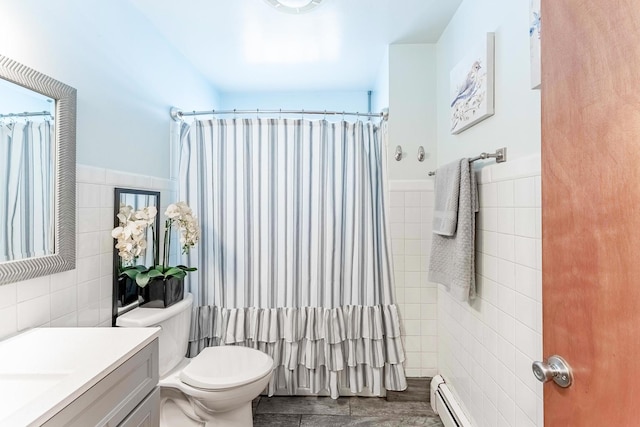 2418 S 58th Ave, Cicero, IL 60804 - full bathroom with tile walls, vanity, curtained shower, wainscoting, and baseboard heating