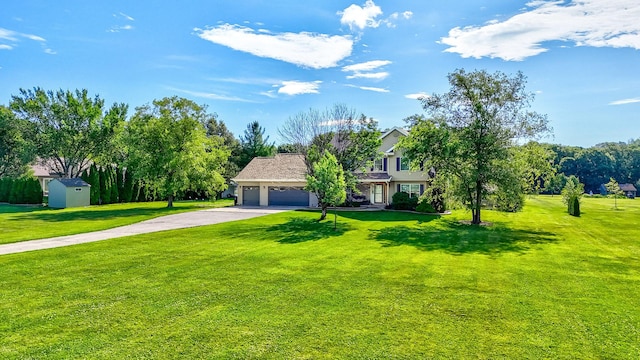 2020 Autumnwood Dr, Ottawa, IL 61350 - obstructed view of property featuring a garage, asphalt driveway, a front yard, and a shed