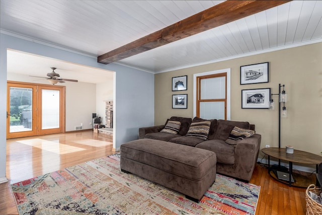2020 Autumnwood Dr, Ottawa, IL 61350 - living area featuring beam ceiling, wood-type flooring, a ceiling fan, and crown molding