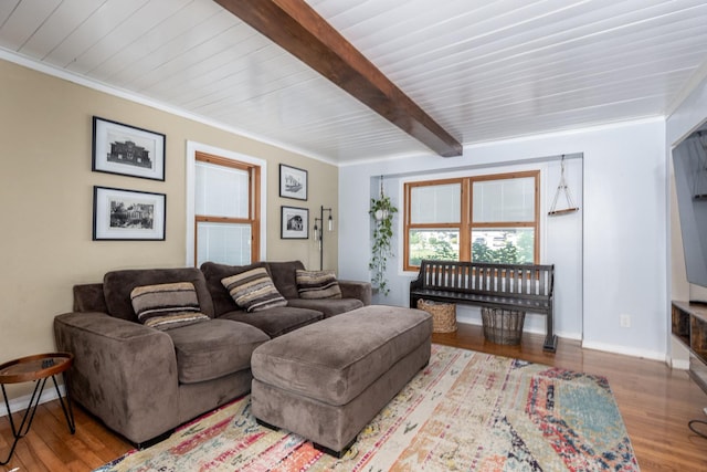 2020 Autumnwood Dr, Ottawa, IL 61350 - living room with wood finished floors, ornamental molding, and a wood ceiling with exposed beams