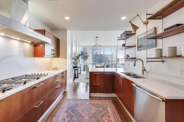 401 N Wabash Ave Unit 35J, Chicago, IL 60611 - kitchen with stainless steel appliances, wall chimney exhaust hood, open shelves, dark wood-style floors, and modern cabinets
