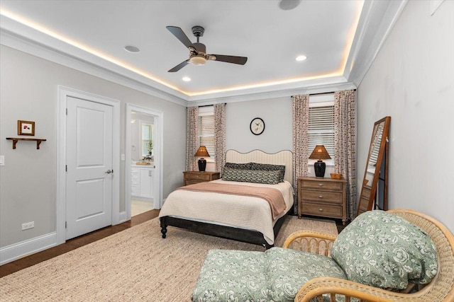 657 W Melrose St Unit 2, Chicago, IL 60657 - bedroom featuring a raised ceiling, carpet floors, recessed lighting, ensuite bath, and a ceiling fan