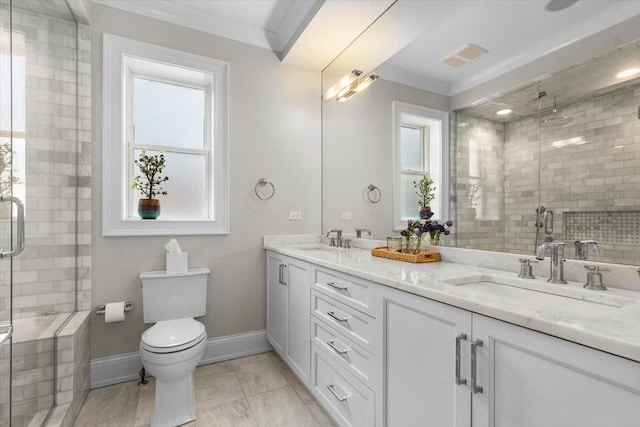 657 W Melrose St Unit 2, Chicago, IL 60657 - full bathroom featuring double vanity, a stall shower, ornamental molding, and marble look tiles