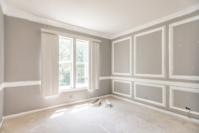 24625 Woodstock Dr, Plainfield, IL 60585 - unfurnished room with light carpet and ornamental molding