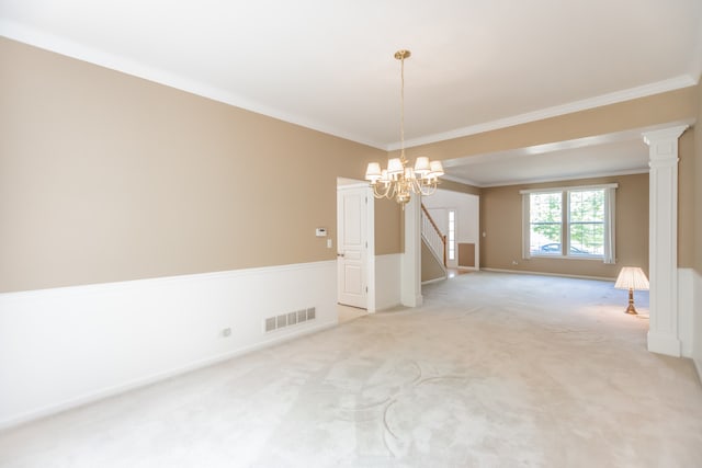 24625 Woodstock Dr, Plainfield, IL 60585 - empty room featuring light colored carpet, a chandelier, and crown molding