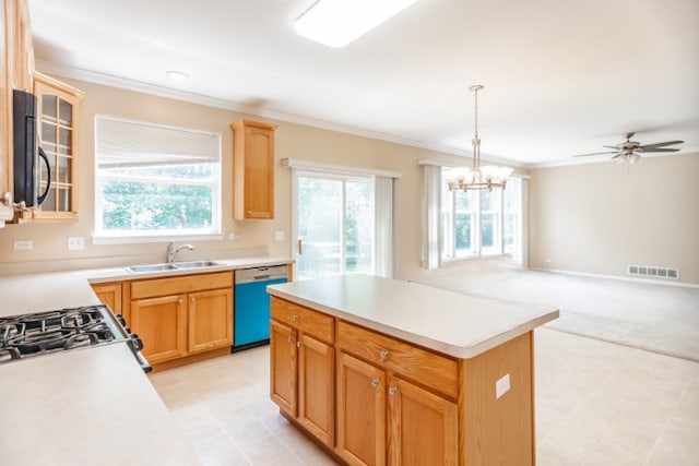 24625 Woodstock Dr, Plainfield, IL 60585 - kitchen featuring dishwashing machine, crown molding, a chandelier, light countertops, and a center island