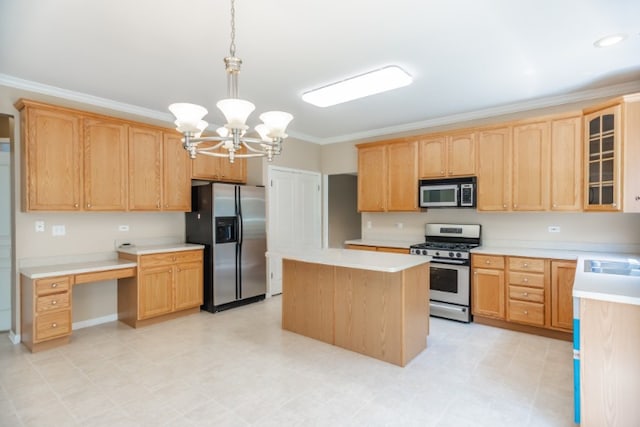 24625 Woodstock Dr, Plainfield, IL 60585 - kitchen with stainless steel appliances, a chandelier, ornamental molding, a kitchen island, and light countertops