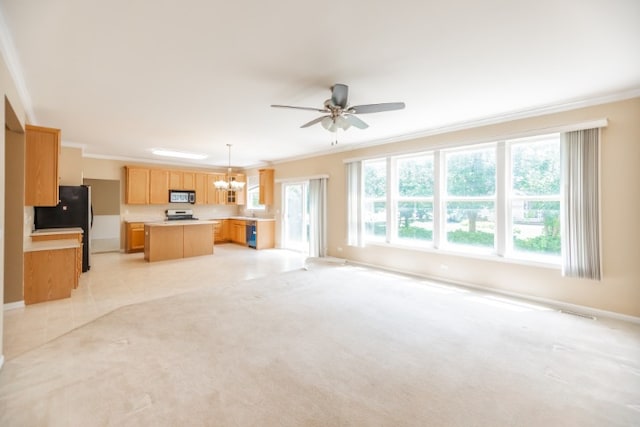24625 Woodstock Dr, Plainfield, IL 60585 - unfurnished living room featuring crown molding, a chandelier, ceiling fan, and light colored carpet