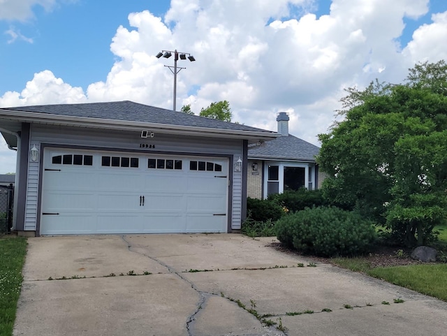 19936 S Spruce Dr, Frankfort, IL 60423 - single story home featuring concrete driveway, a garage, roof with shingles, and a chimney