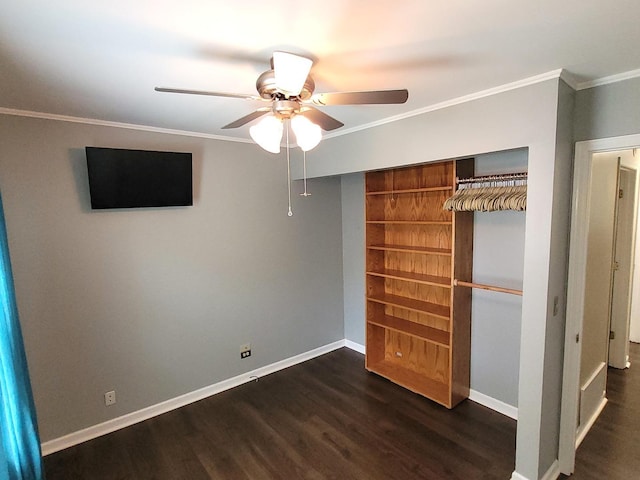 19936 S Spruce Dr, Frankfort, IL 60423 - unfurnished bedroom with crown molding, dark wood finished floors, a closet, and a ceiling fan