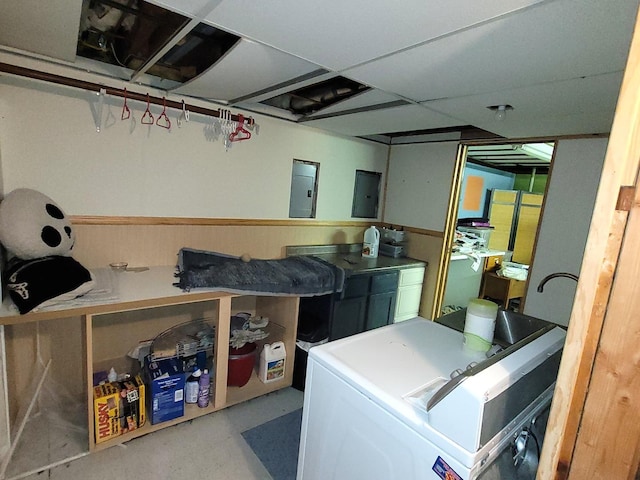 19936 S Spruce Dr, Frankfort, IL 60423 - finished below grade area featuring electric panel, fridge, and washer / clothes dryer