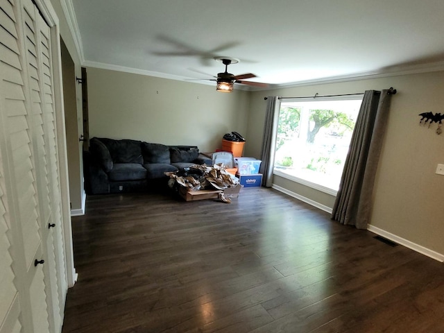 19936 S Spruce Dr, Frankfort, IL 60423 - living room featuring ceiling fan, ornamental molding, and dark wood-style flooring