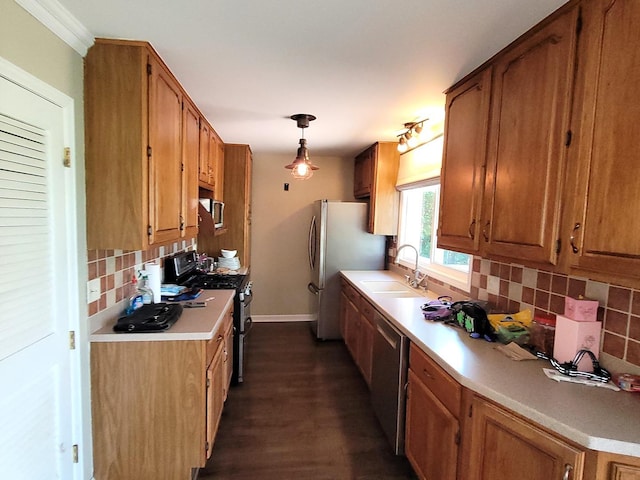 19936 S Spruce Dr, Frankfort, IL 60423 - kitchen with stainless steel appliances, decorative backsplash, light countertops, and brown cabinetry