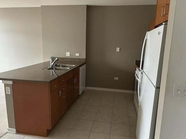 7757 Van Buren St Unit 413, Forest Park, IL 60130 - kitchen with white appliances, dark countertops, light tile patterned floors, and a peninsula