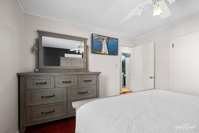 120 Riverside Dr, Montgomery, IL 60538 - bedroom with ornamental molding, dark wood finished floors, and ceiling fan