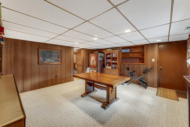 13007 S Oak Park Ave, Palos Heights, IL 60463 - game room featuring wood walls, a drop ceiling, carpet, recessed lighting, and built in shelves