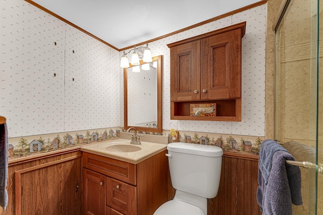 13007 S Oak Park Ave, Palos Heights, IL 60463 - full bath with wallpapered walls, crown molding, vanity, and a shower with door