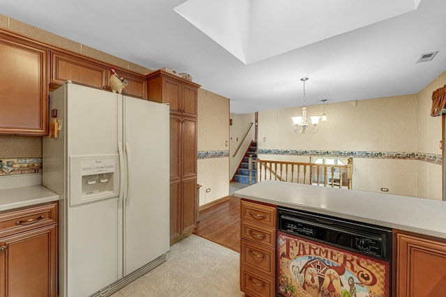 13007 S Oak Park Ave, Palos Heights, IL 60463 - kitchen featuring white fridge with ice dispenser, dishwasher, brown cabinetry, a chandelier, and light countertops