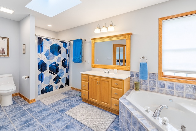 1102 Brian Dr, Manteno, IL 60950 - full bath with a skylight, a bath, vanity, curtained shower, and tile patterned floors
