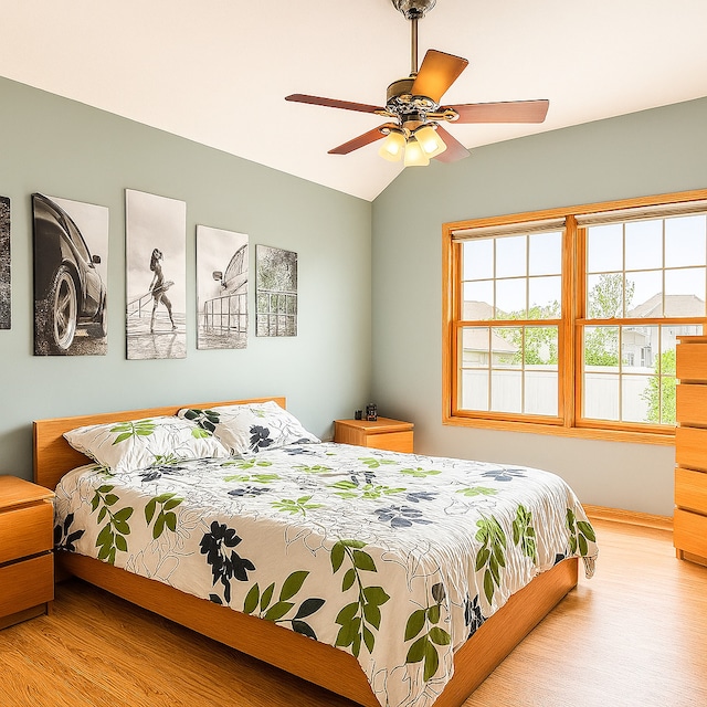1102 Brian Dr, Manteno, IL 60950 - bedroom featuring wood finished floors, vaulted ceiling, and a ceiling fan