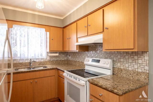 8049 Beloit Ave Unit 2C, Bridgeview, IL 60455 - kitchen with white appliances, exhaust hood, decorative backsplash, and ornamental molding