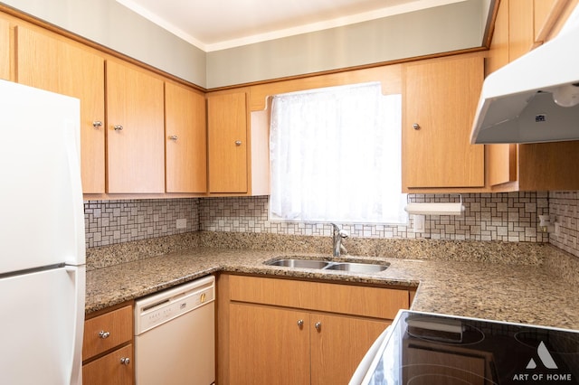 8049 Beloit Ave Unit 2C, Bridgeview, IL 60455 - kitchen featuring white appliances, under cabinet range hood, and backsplash