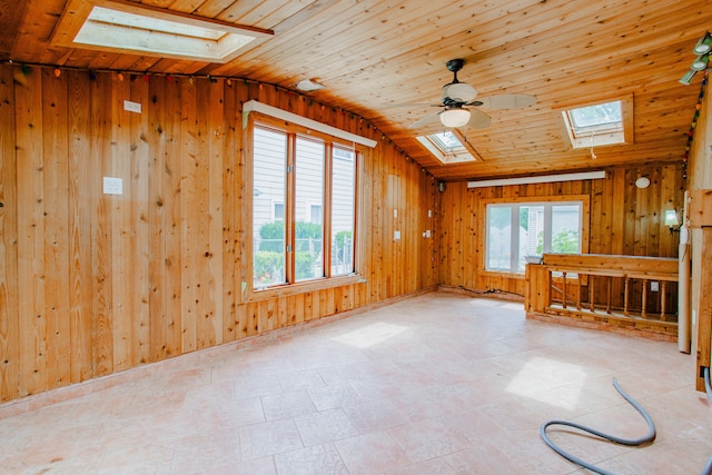 535 Weidner Rd, Buffalo Grove, IL 60089 - unfurnished living room featuring a skylight, vaulted ceiling, wood walls, a ceiling fan, and wood ceiling