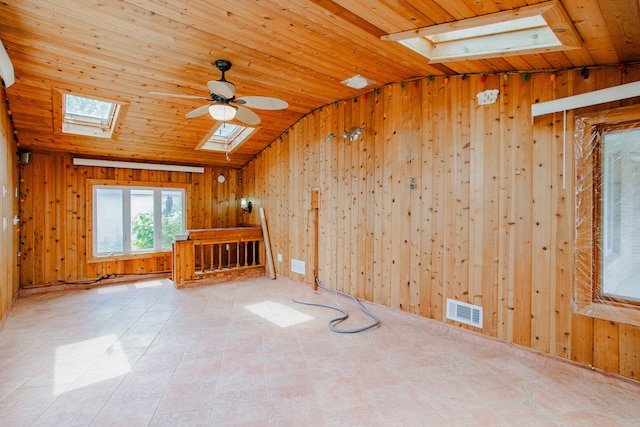 535 Weidner Rd, Buffalo Grove, IL 60089 - spare room with a skylight, lofted ceiling, wood walls, wooden ceiling, and ceiling fan