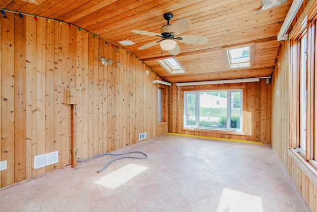 535 Weidner Rd, Buffalo Grove, IL 60089 - empty room with wood walls, a skylight, wooden ceiling, ceiling fan, and lofted ceiling