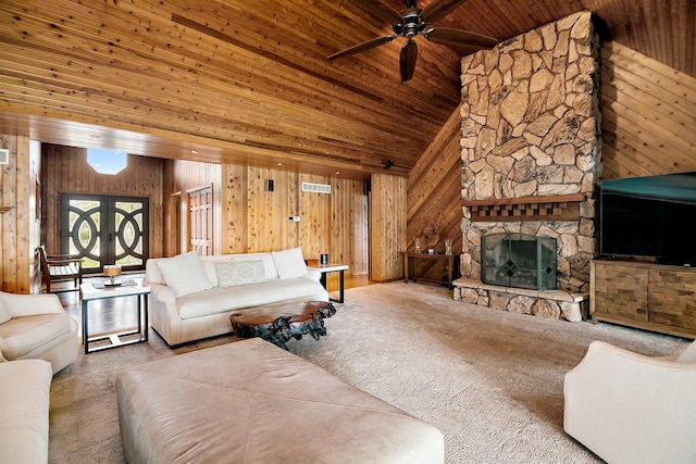 998 N Westshore Blvd, Manteno, IL 60950 - living area with wood walls, high vaulted ceiling, ceiling fan, wooden ceiling, and a fireplace