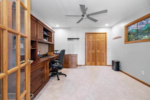 998 N Westshore Blvd, Manteno, IL 60950 - office featuring a ceiling fan, light carpet, recessed lighting, and built in desk