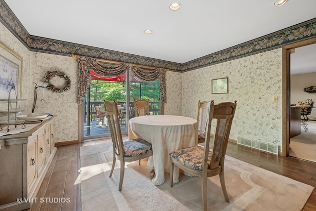 104 Lois Ln, Deer Park, IL 60010 - dining area featuring wood-type flooring, wallpapered walls, recessed lighting, and ornamental molding