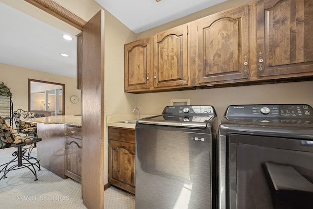 104 Lois Ln, Deer Park, IL 60010 - laundry area with washing machine and clothes dryer, light colored carpet, cabinet space, and recessed lighting