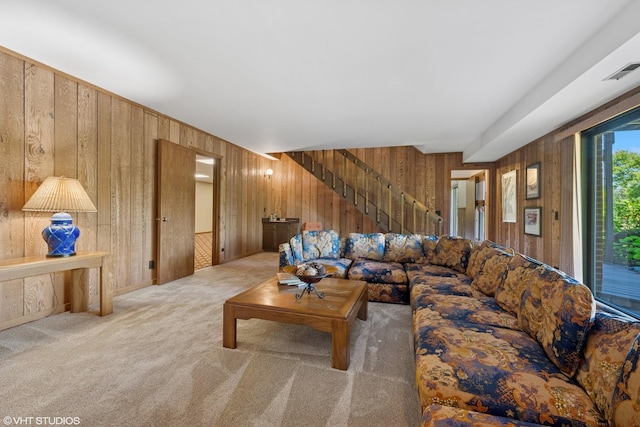 104 Lois Ln, Deer Park, IL 60010 - carpeted living room featuring wooden walls and stairs
