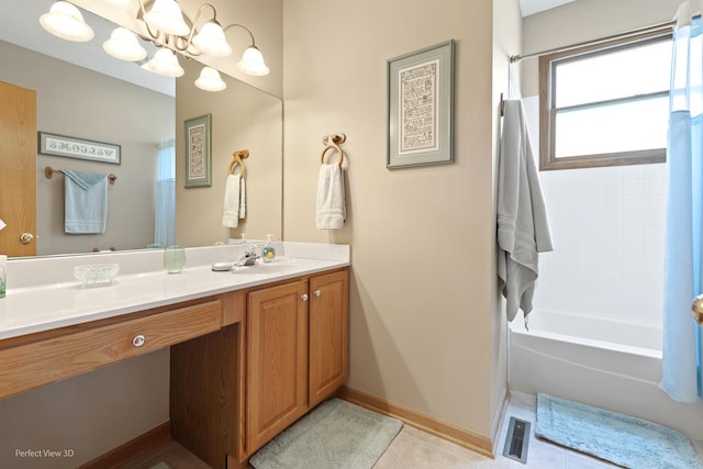3710 W Nettle Creek Dr, Morris, IL 60450 - full bath featuring vanity, shower / bath combo, tile patterned flooring, and a chandelier