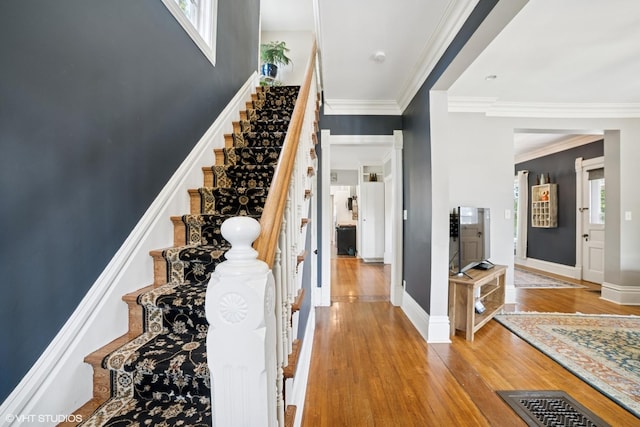 241 Hoy Ave, Woodstock, IL 60098 - stairs featuring wood finished floors and crown molding