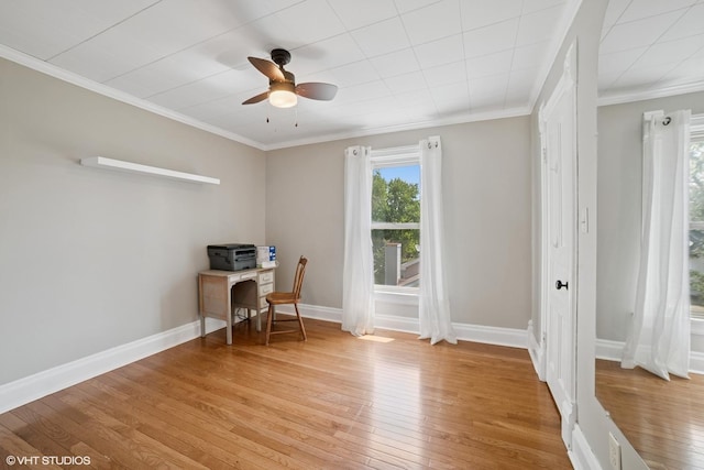241 Hoy Ave, Woodstock, IL 60098 - home office with light wood-type flooring, ornamental molding, and a ceiling fan