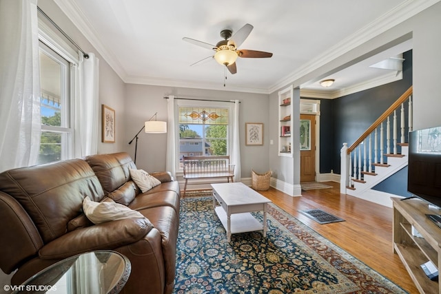 241 Hoy Ave, Woodstock, IL 60098 - living area with a ceiling fan, wood finished floors, ornamental molding, and stairway