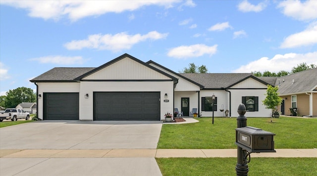 1807 E Fairfield Cir, Urbana, IL 61802 - modern inspired farmhouse with an attached garage, driveway, a front lawn, and a shingled roof