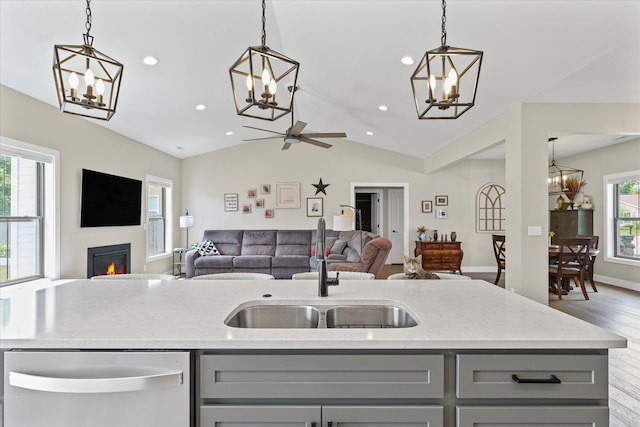 1807 E Fairfield Cir, Urbana, IL 61802 - kitchen with gray cabinets, a chandelier, vaulted ceiling, and recessed lighting