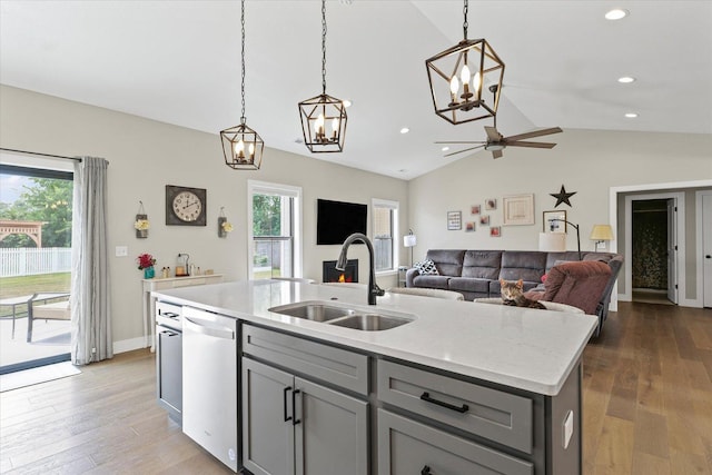 1807 E Fairfield Cir, Urbana, IL 61802 - kitchen with dishwashing machine, gray cabinetry, recessed lighting, lofted ceiling, and a center island with sink