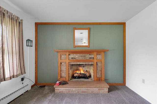 405 E Madison St, Pesotum, IL 61863 - living area with a baseboard radiator, a brick fireplace, and carpet flooring