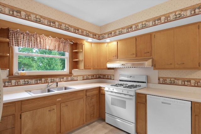 405 E Madison St, Pesotum, IL 61863 - kitchen featuring white appliances, under cabinet range hood, open shelves, and light countertops