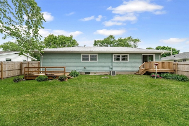405 E Madison St, Pesotum, IL 61863 - back of property with a deck, a fenced backyard, and a metal roof