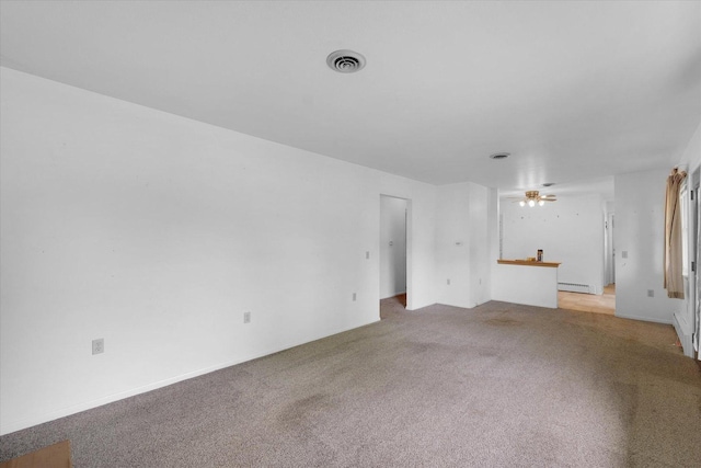 405 E Madison St, Pesotum, IL 61863 - unfurnished living room featuring a baseboard radiator and light colored carpet