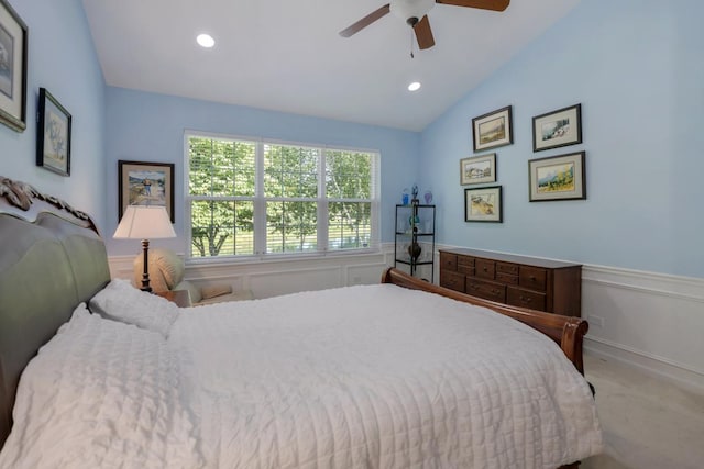 846 Colchester Dr, Oswego, IL 60543 - bedroom featuring a wainscoted wall, vaulted ceiling, carpet floors, a ceiling fan, and recessed lighting